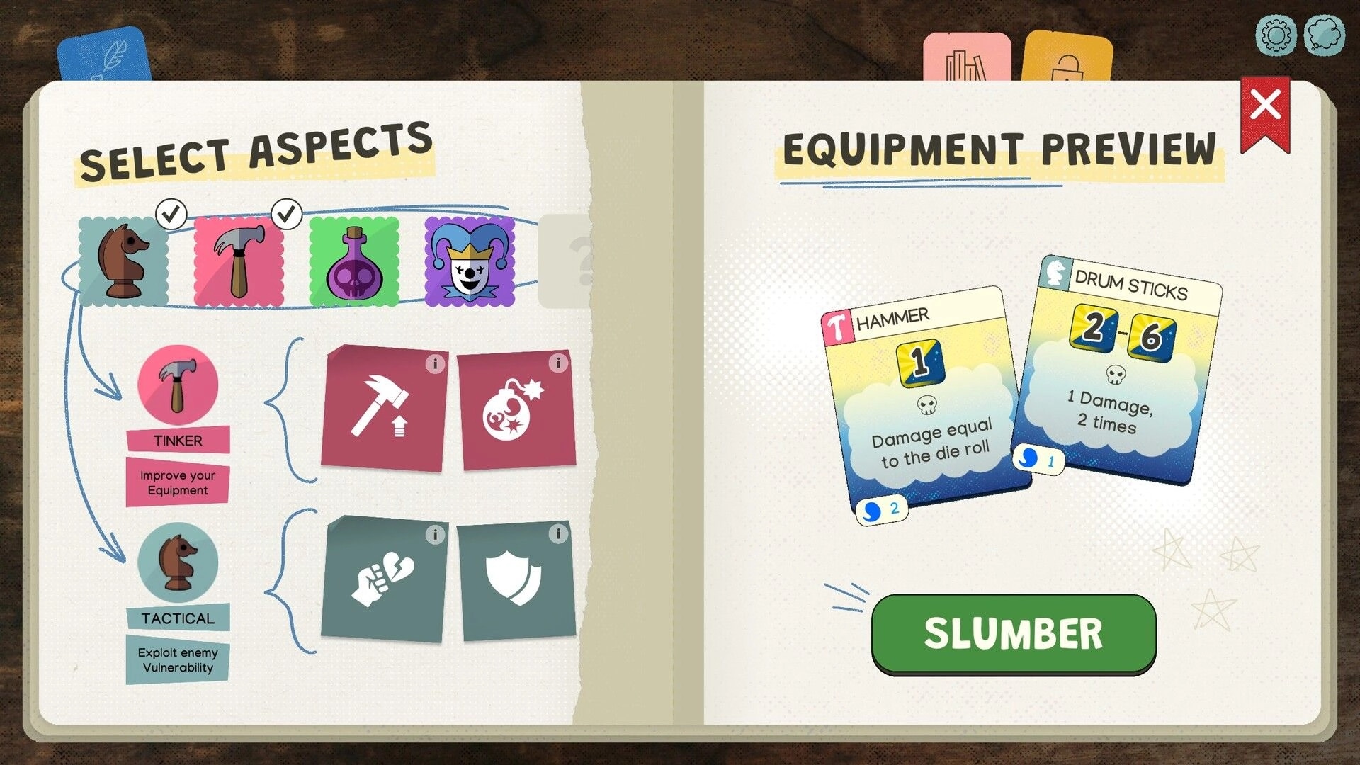 Slumber Realm: Aspect selection and equipment preview in an open notebook interface
