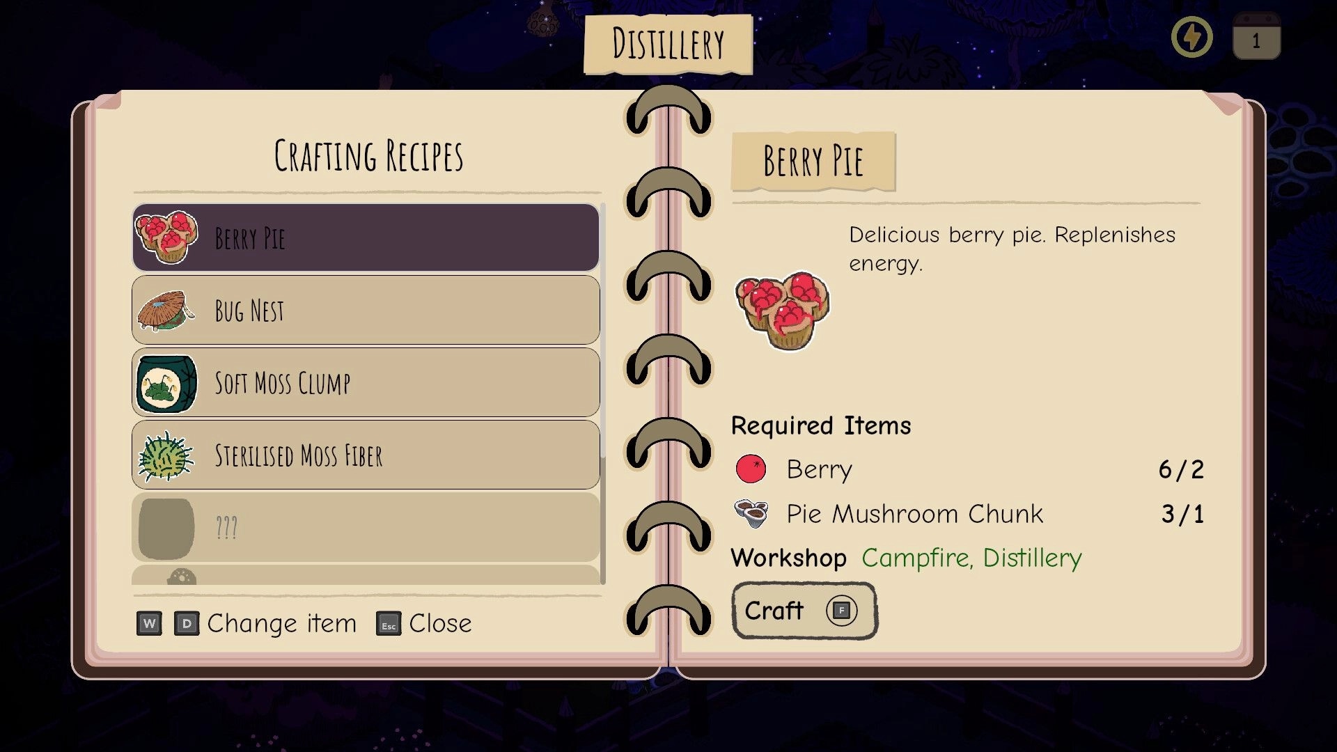 Slumbering Woods: Distillery crafting recipe book selecting Berry Pie with required items list menu overlay.