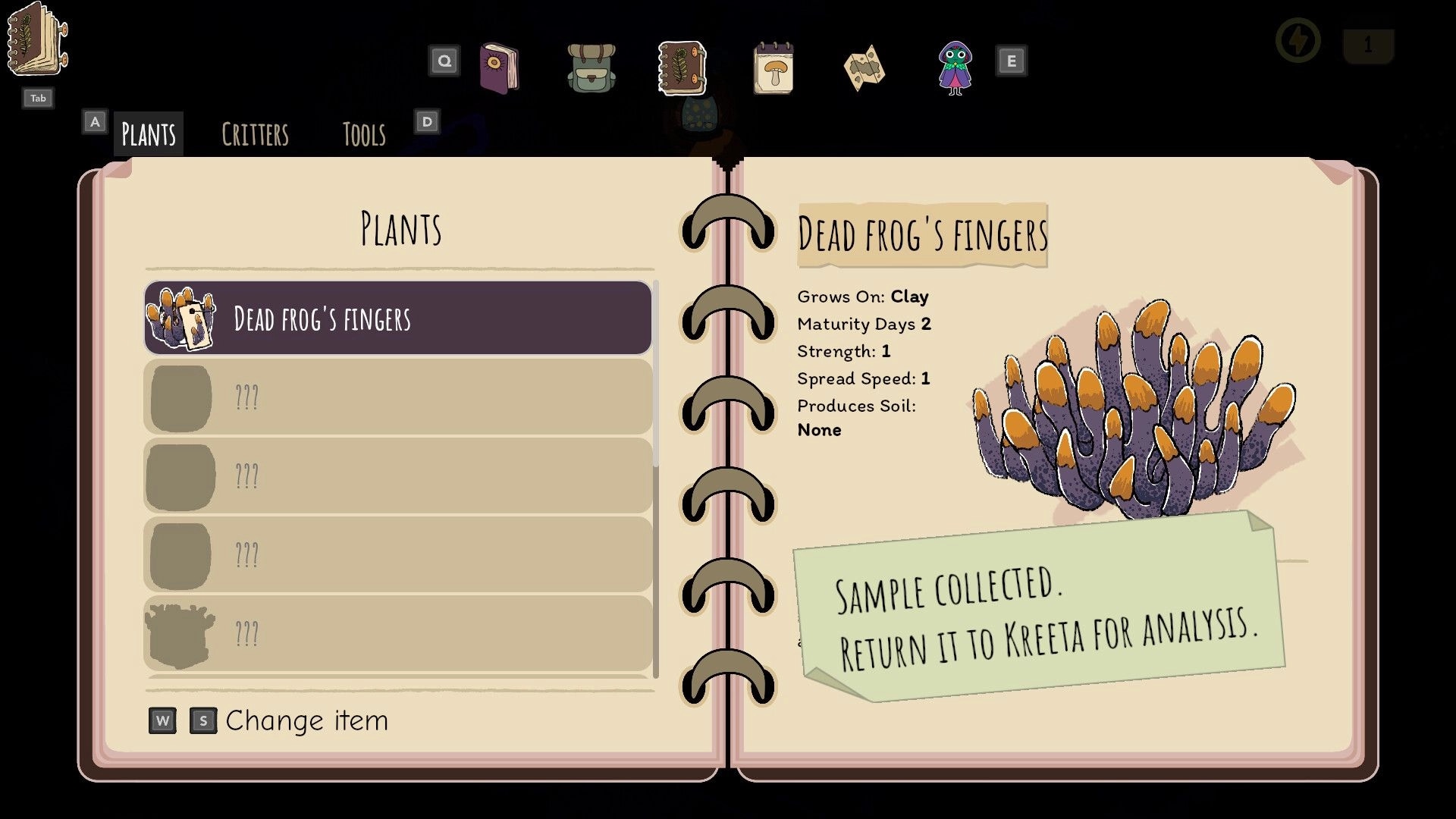 Slumbering Woods: Plants journal entry for Dead Frog's Fingers with stats and sample note on pages.