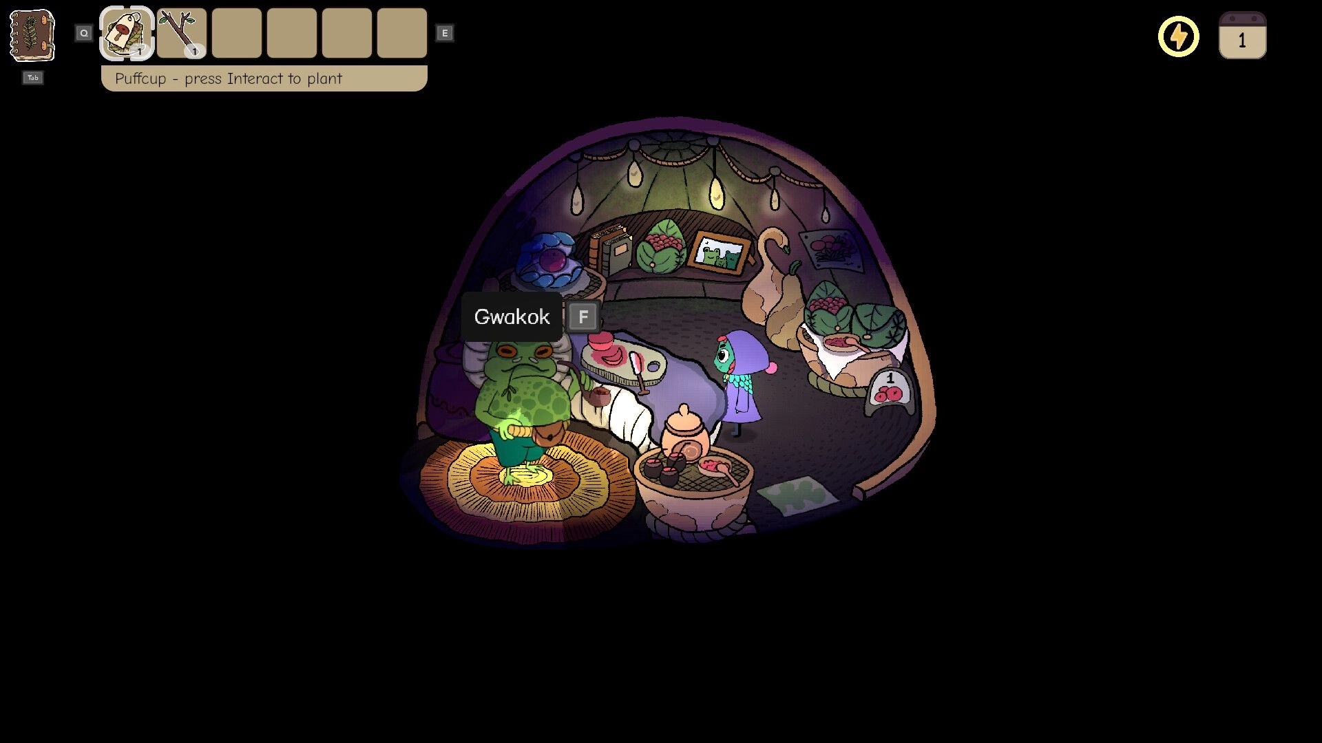 Slumbering Woods: Talking to Gwakok with F prompt inside a cozy hut with table, bed, and lanterns.