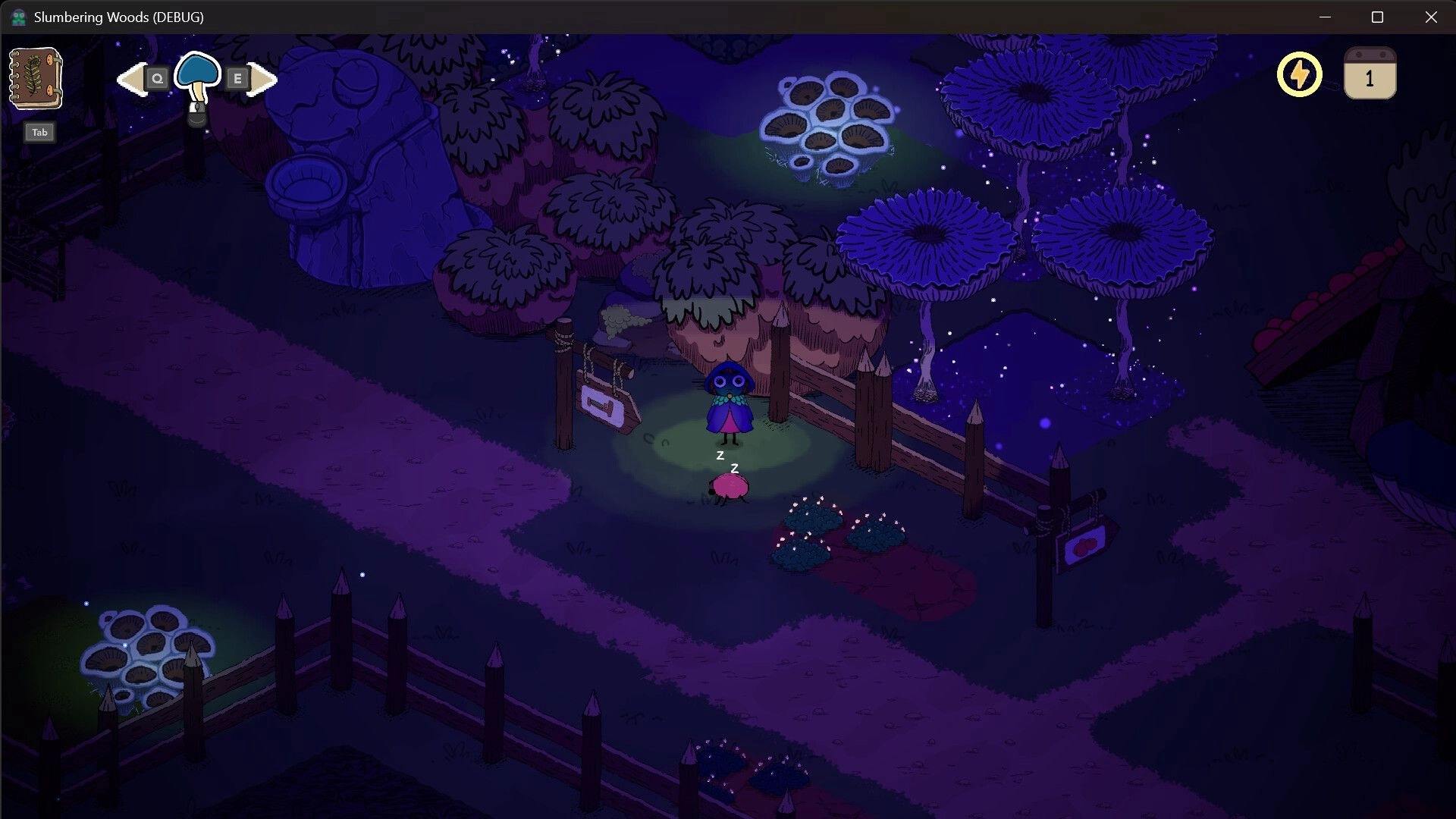 Slumbering Woods: Hooded character stands by fence as a pink creature sleeps on a purple forest path at night.
