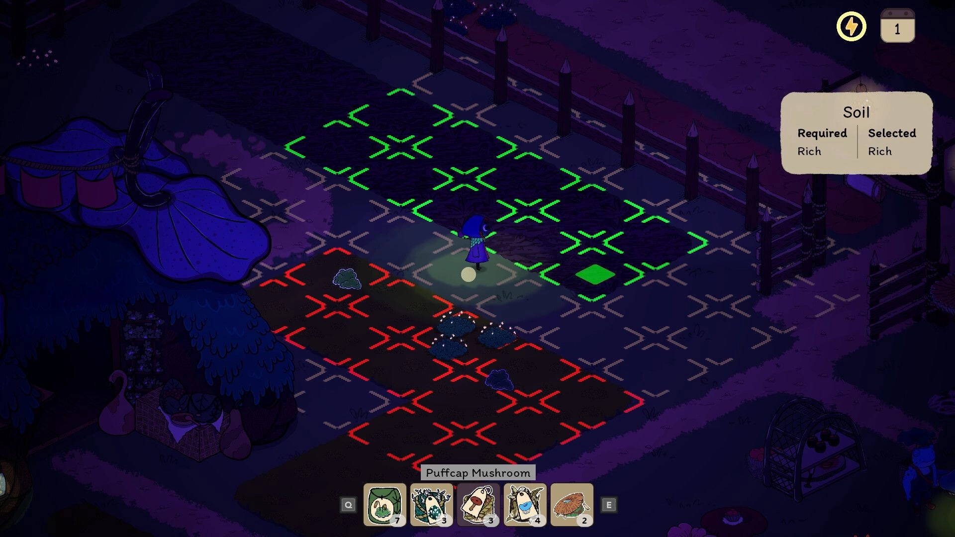 Slumbering Woods: Planting grid highlights rich soil tiles in fenced garden at night by a giant mushroom hut.