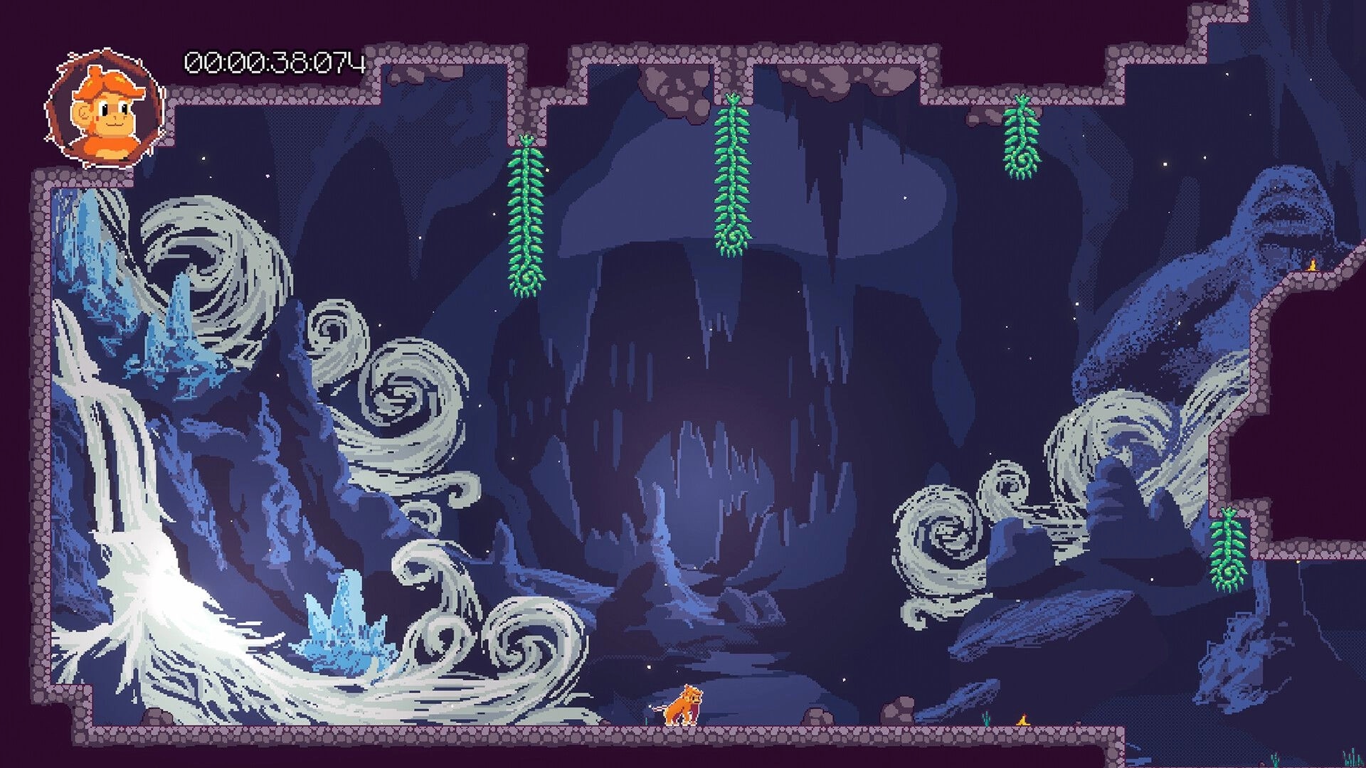 Smack Monkey: Monkey navigates a dark cave with swirling winds and hanging vines in platformer adventure