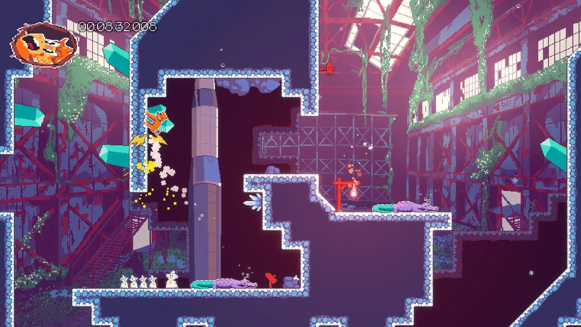 Smack Monkey: Monkey leaps upward past crystals in a vibrant, industrial warehouse setting