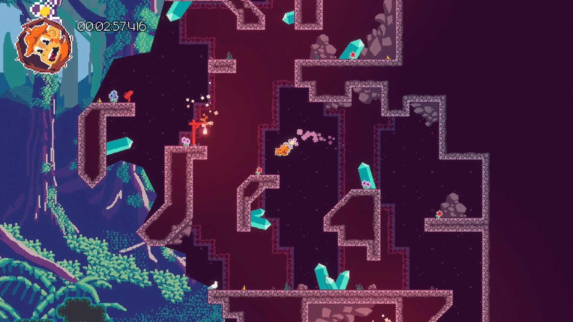 Smack Monkey: Monkey mid-jump in crystal cave maze with timer and level details on screen