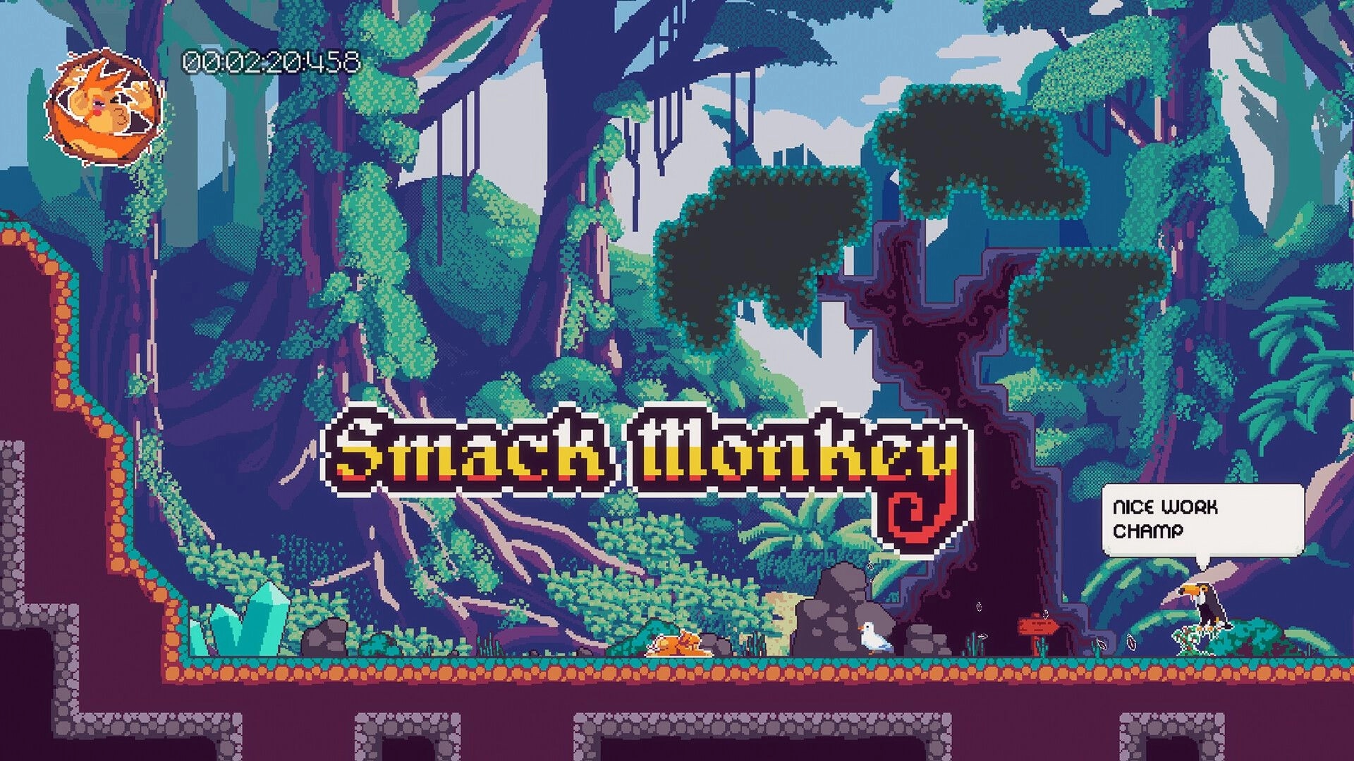 Smack Monkey: Pixelated jungle setting with monkey and bird, congratulatory speech bubble visible