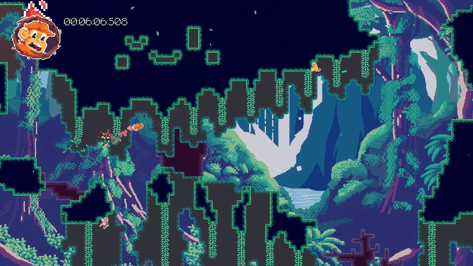 Smack Monkey: Pixelated monkey climbs vines in a dense jungle environment with timer displayed.