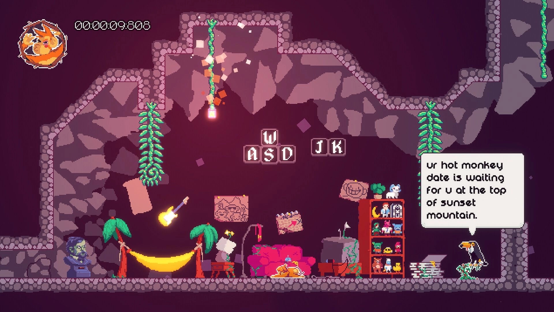 Smack Monkey: Monkey climbs vine in a cave with dialogue box and control keys displayed below.