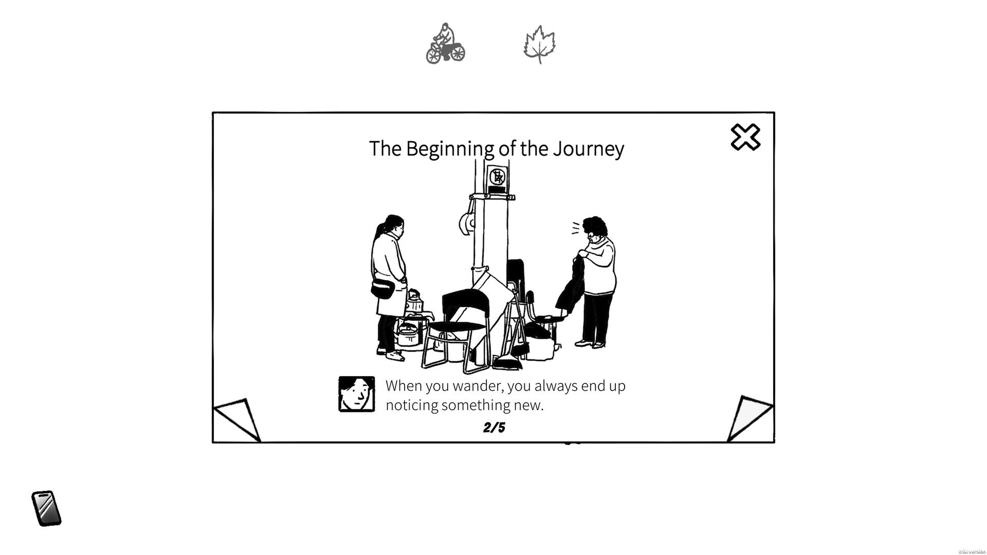Small Life: Story card titled The Beginning of the Journey with two people and chairs, page 2/5.