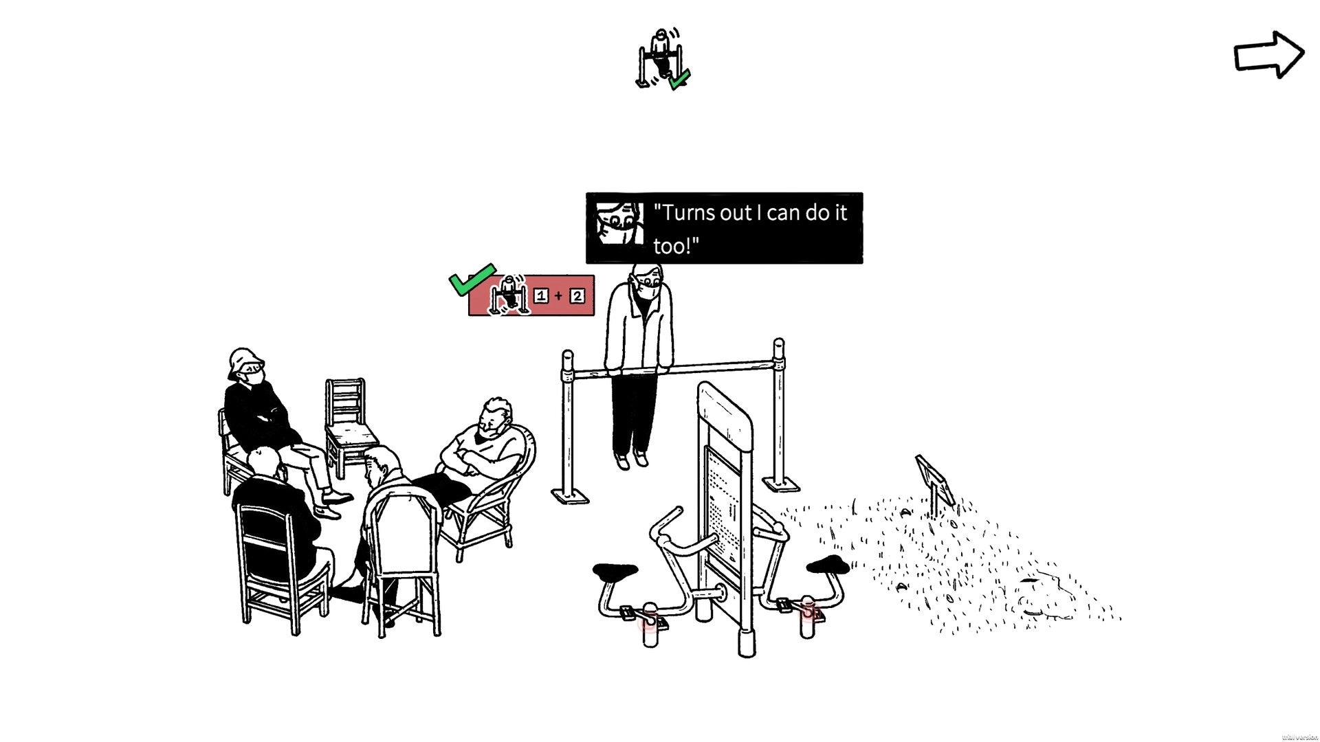 Small Life: Man doing pull-up on park bars with speech bubble, seated elders and exercise gear nearby.