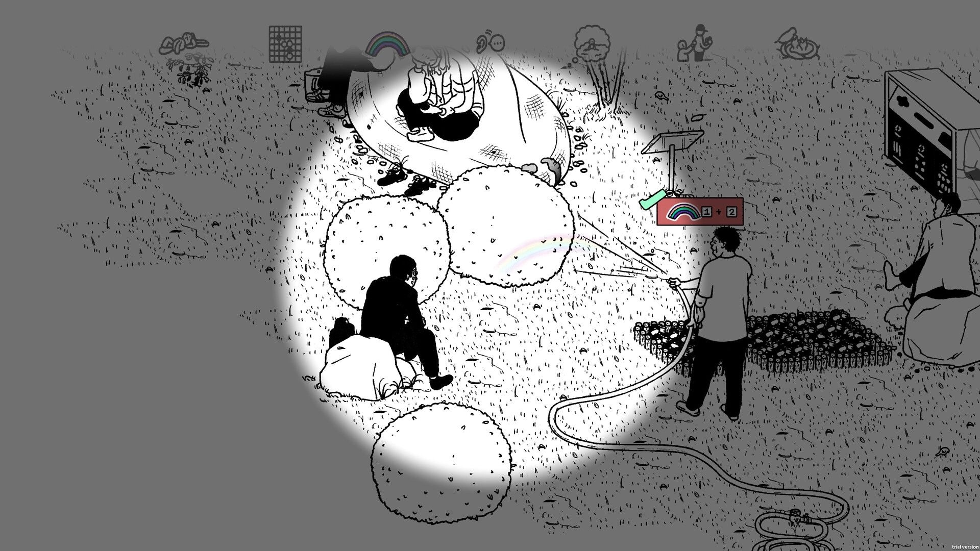 Small Life: Spotlight reveals rainbow clue UI as workers sit by hay bales in a grassy yard.