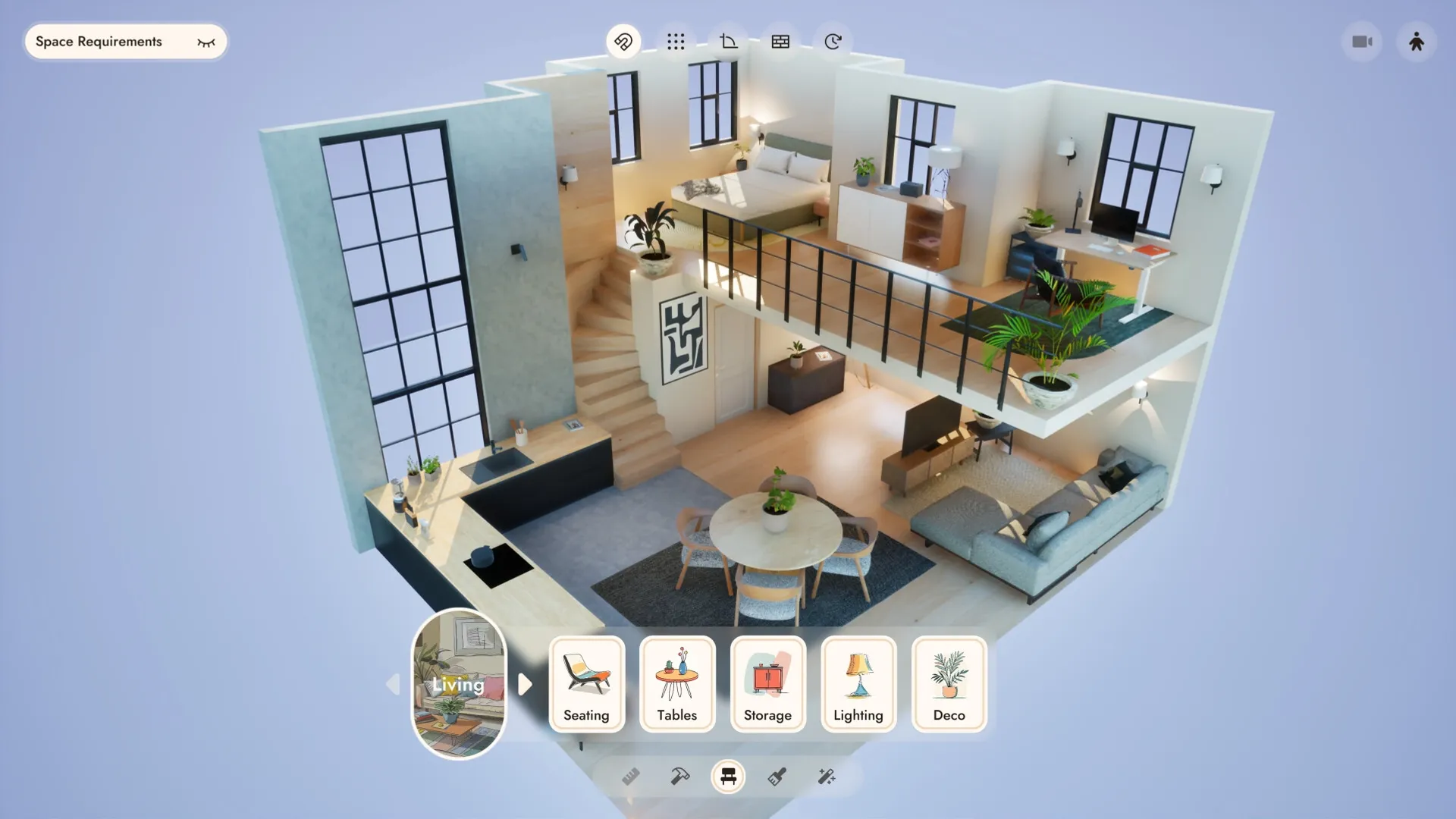 Small Spaces: Modern loft diorama with furniture selection menu in a cozy, stylish apartment setting.