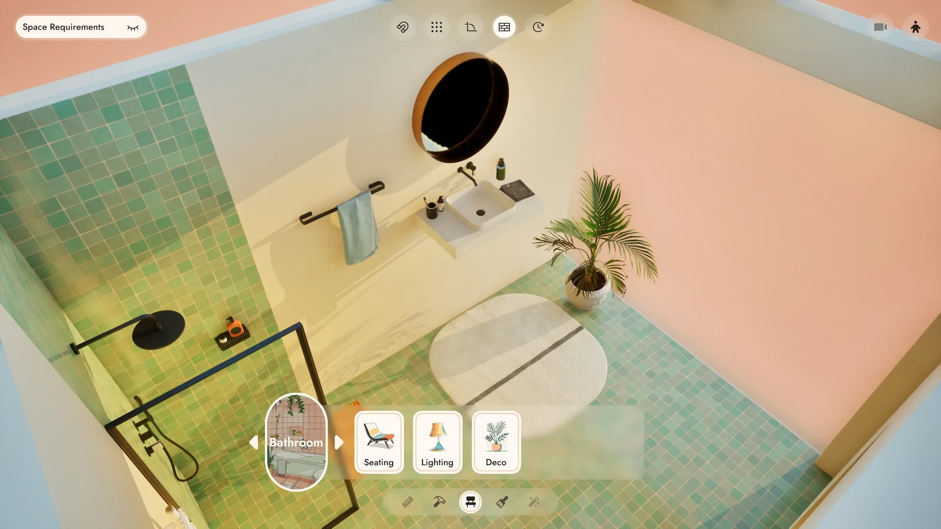Small Spaces: Bathroom design with green tiles, sink, round mirror, and UI for seating, lighting, deco