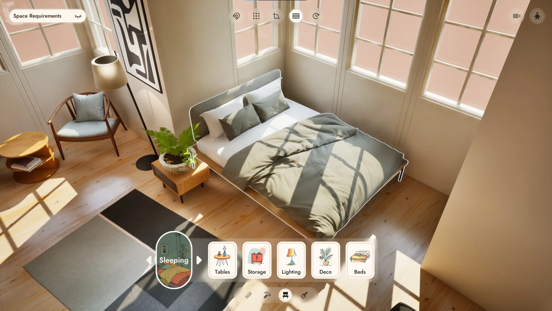 Small Spaces: Bedroom design with bed selection menu in sunlit apartment setting