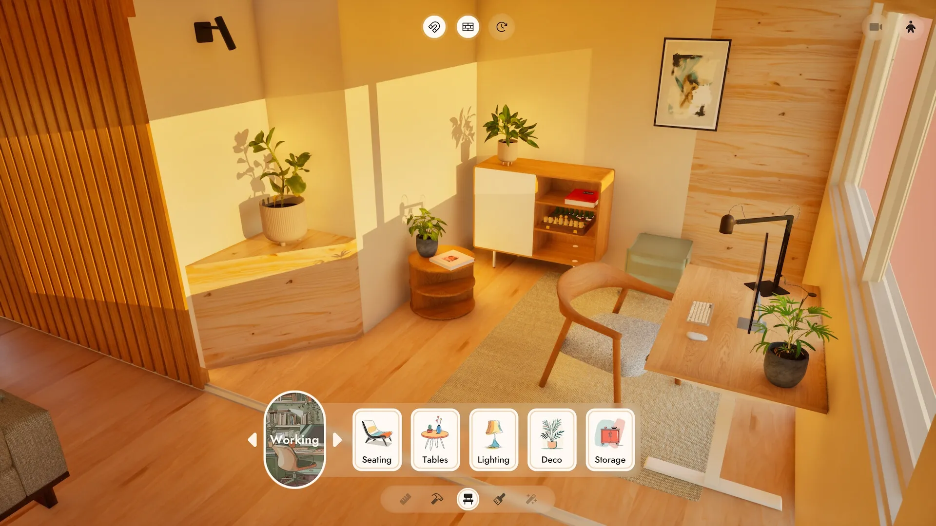 Small Spaces: Cozy home office with plants and wooden furniture, UI shows seating, tables, lighting options