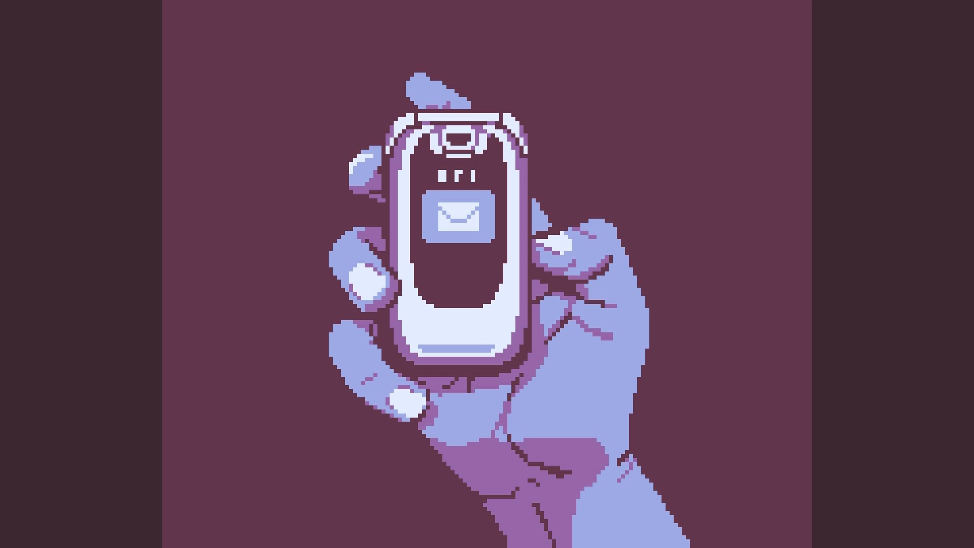 Small Town Emo: Close-up of a hand holding a flip phone with a new message icon, purple background