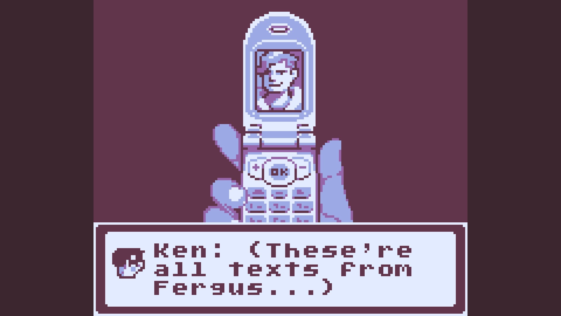 Small Town Emo: Ken holds a flip phone displaying Fergus's picture and text dialogue in purple tones.