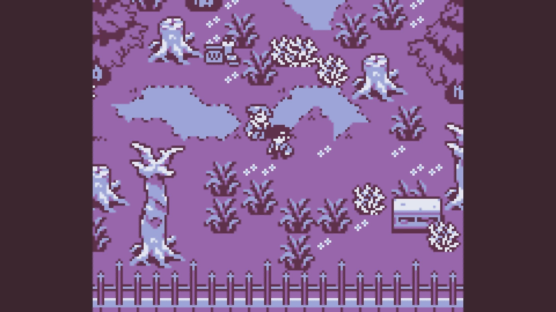Small Town Emo: Two characters exploring a pixelated forest with stumps and bushes in a GameBoy setting.