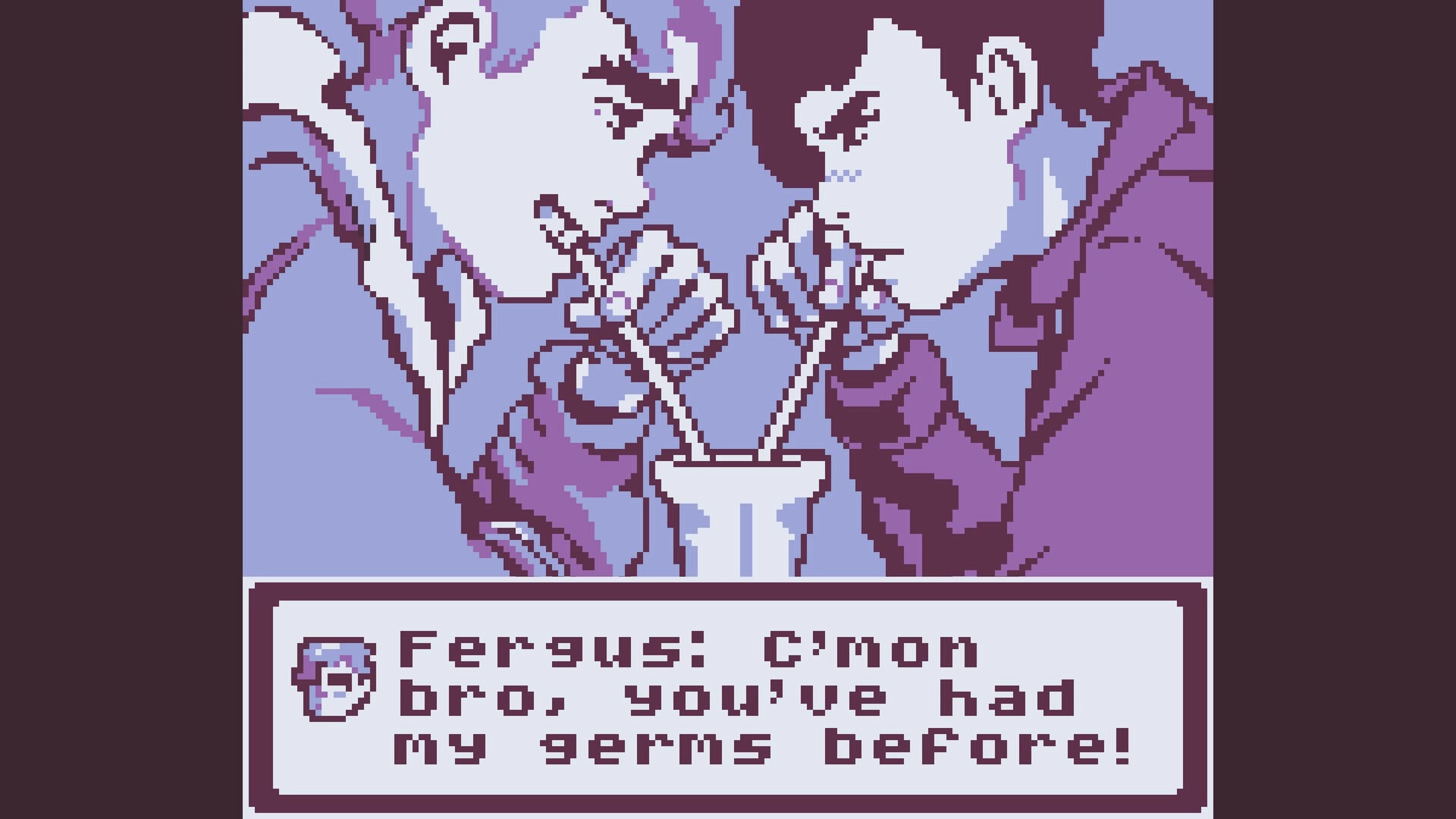 Small Town Emo: Fergus and friend sharing a milkshake with dialogue box in retro pixel art style