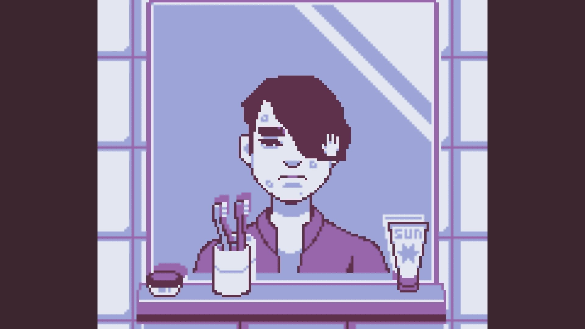 Small Town Emo: Teen with emo hairstyle looking in bathroom mirror, toothbrushes and toothpaste visible