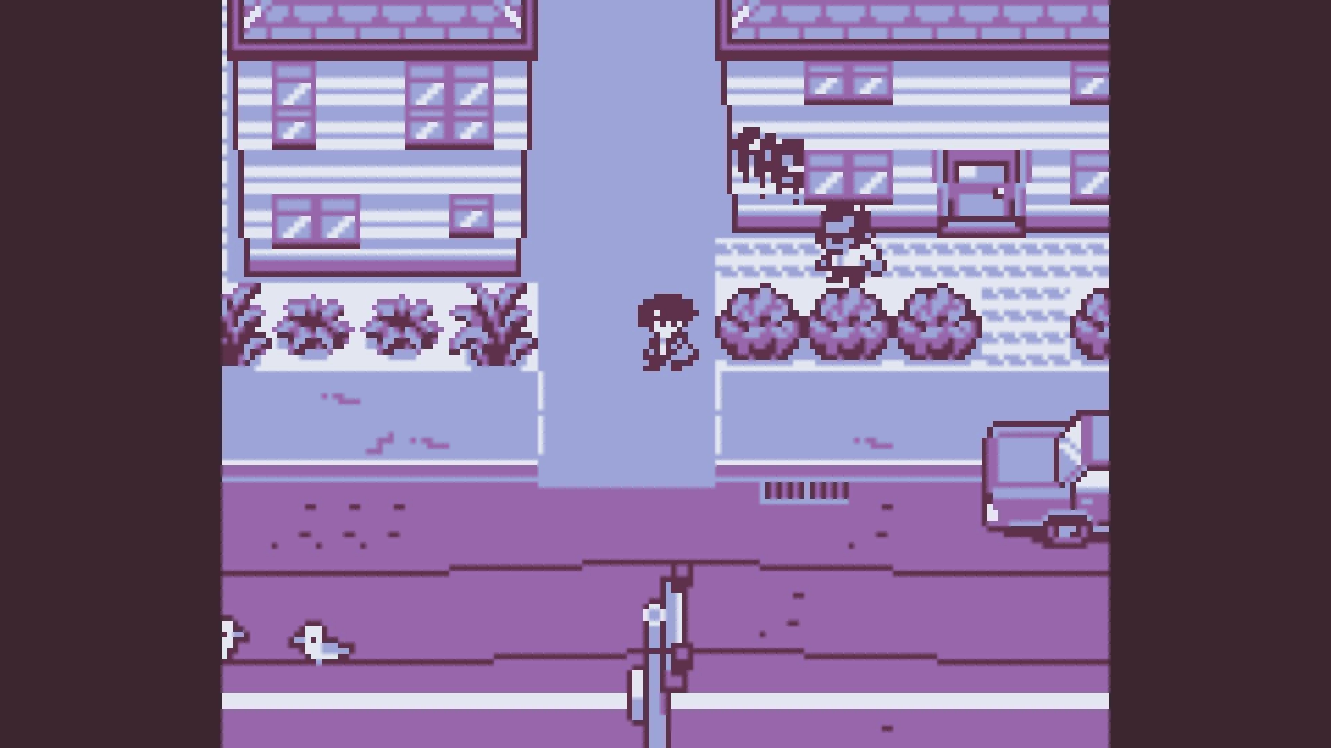 Small Town Emo: Emo teen walking past houses and bushes on a quiet suburban street with parked car.
