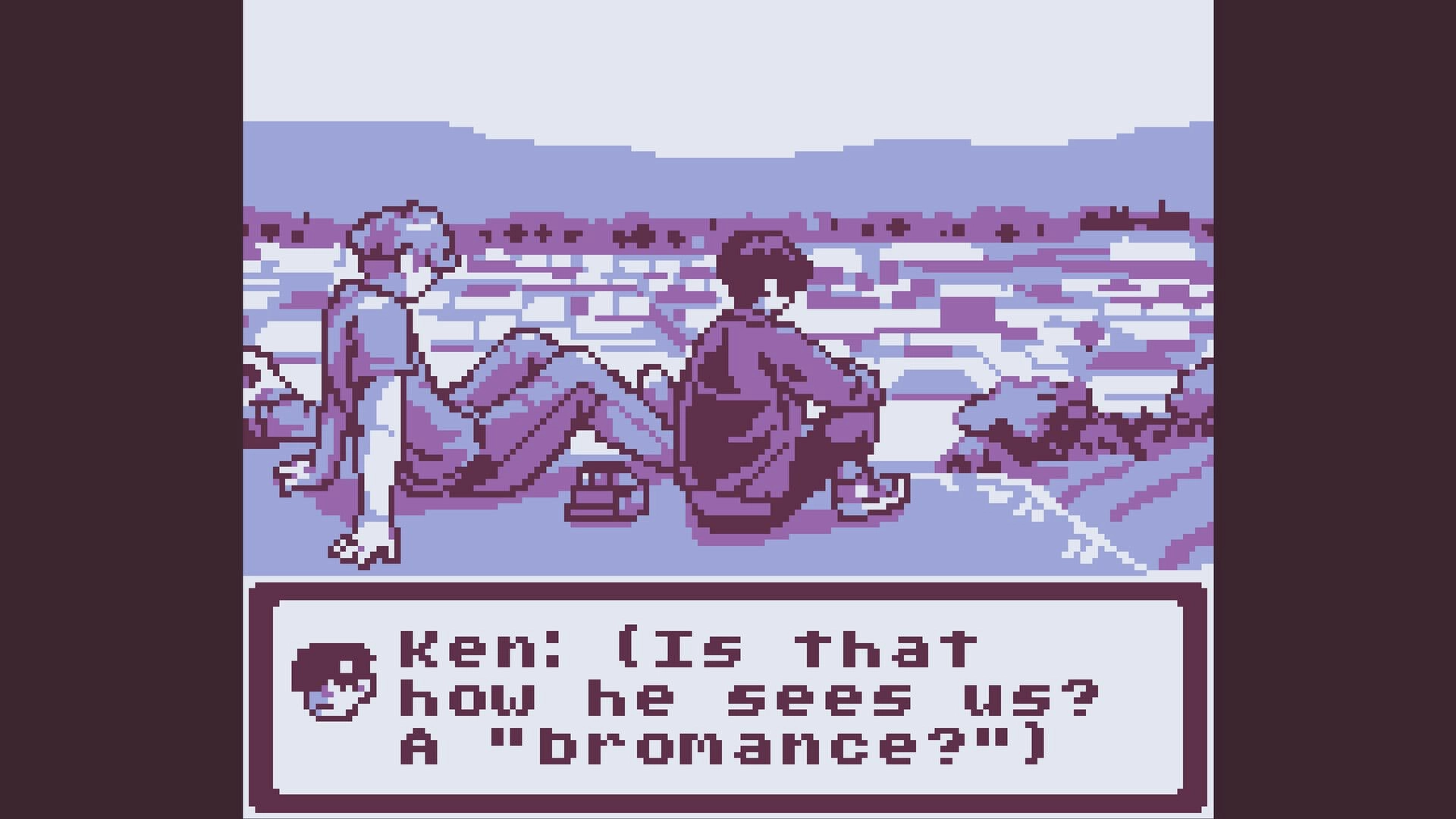 Small Town Emo: Ken and friend sitting on hill overlooking town, dialogue pondering their "bromance"