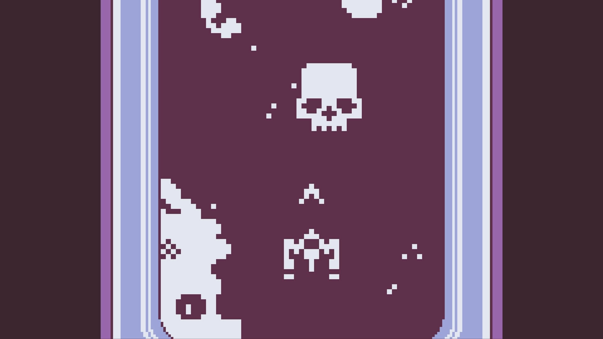 Small Town Emo: Spaceship dodging pixelated skull obstacles in a retro-style arcade minigame level