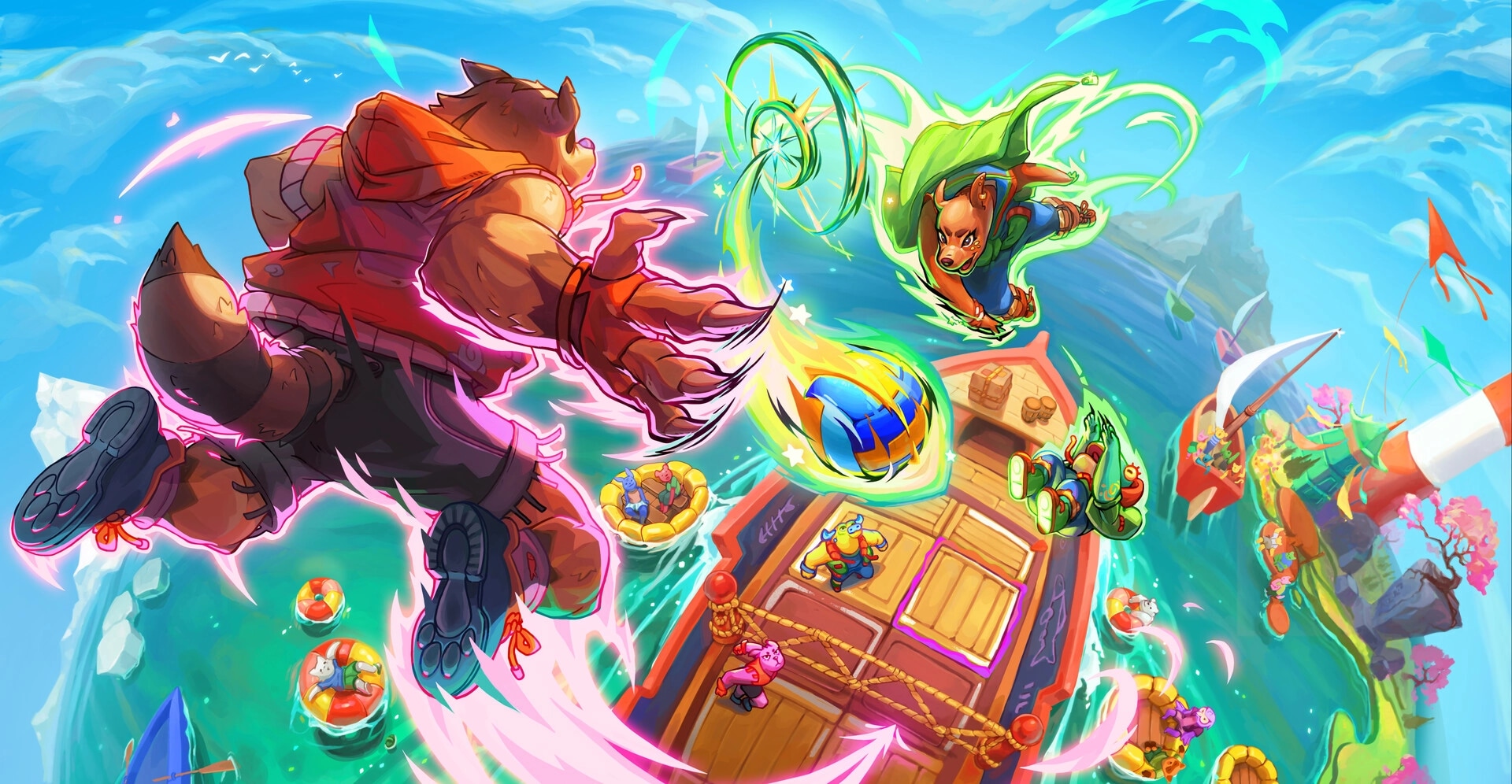Smash it Wild: Intense duel between characters on a boat surrounded by colorful, fantasy scenery.
