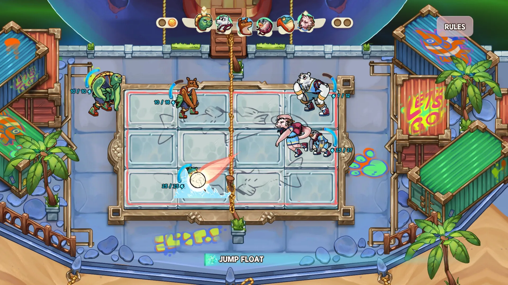 Smash it Wild: Four characters battle on a colorful court with health bars and skills displayed