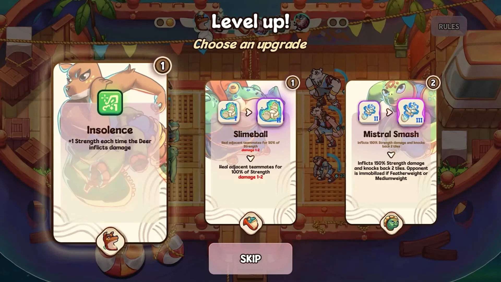 Smash it Wild: Level up screen displaying upgrade options with characters in a wooden ship environment