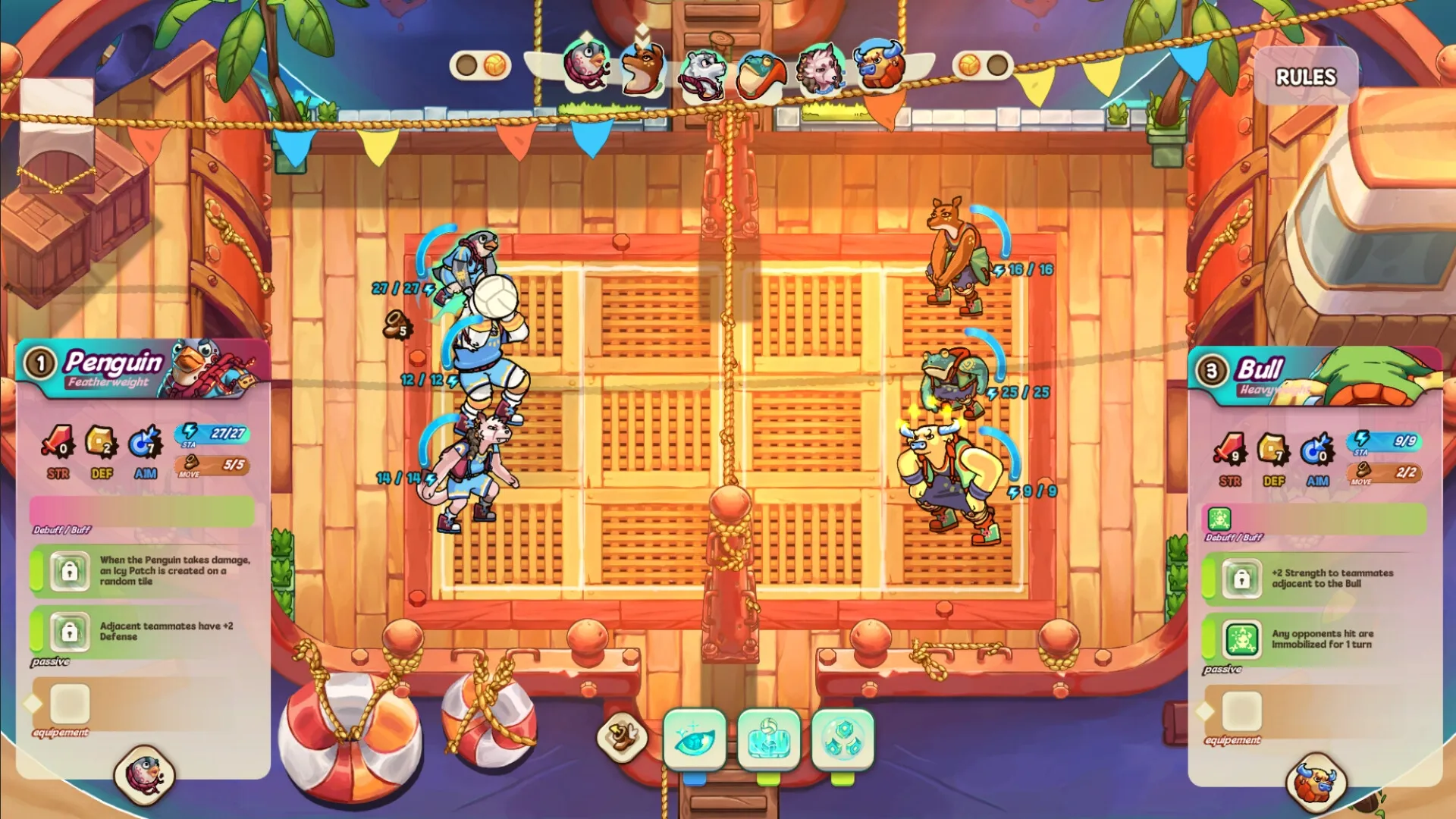 Smash it Wild: Penguin serving volleyball in a vibrant ship arena against Bull's team with stats panels.