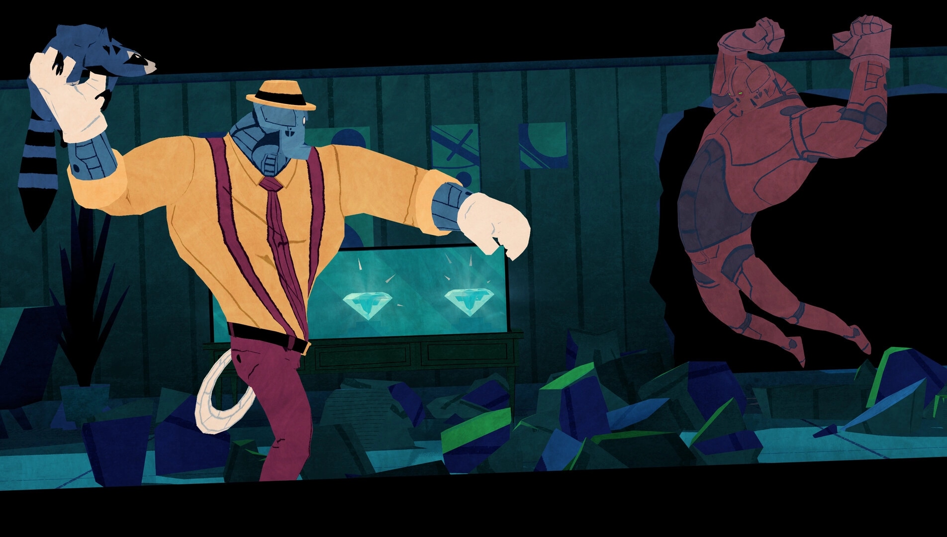 Smash 'N Grab: robot in fedora punches guard through wall amid rubble in a museum gem display room.