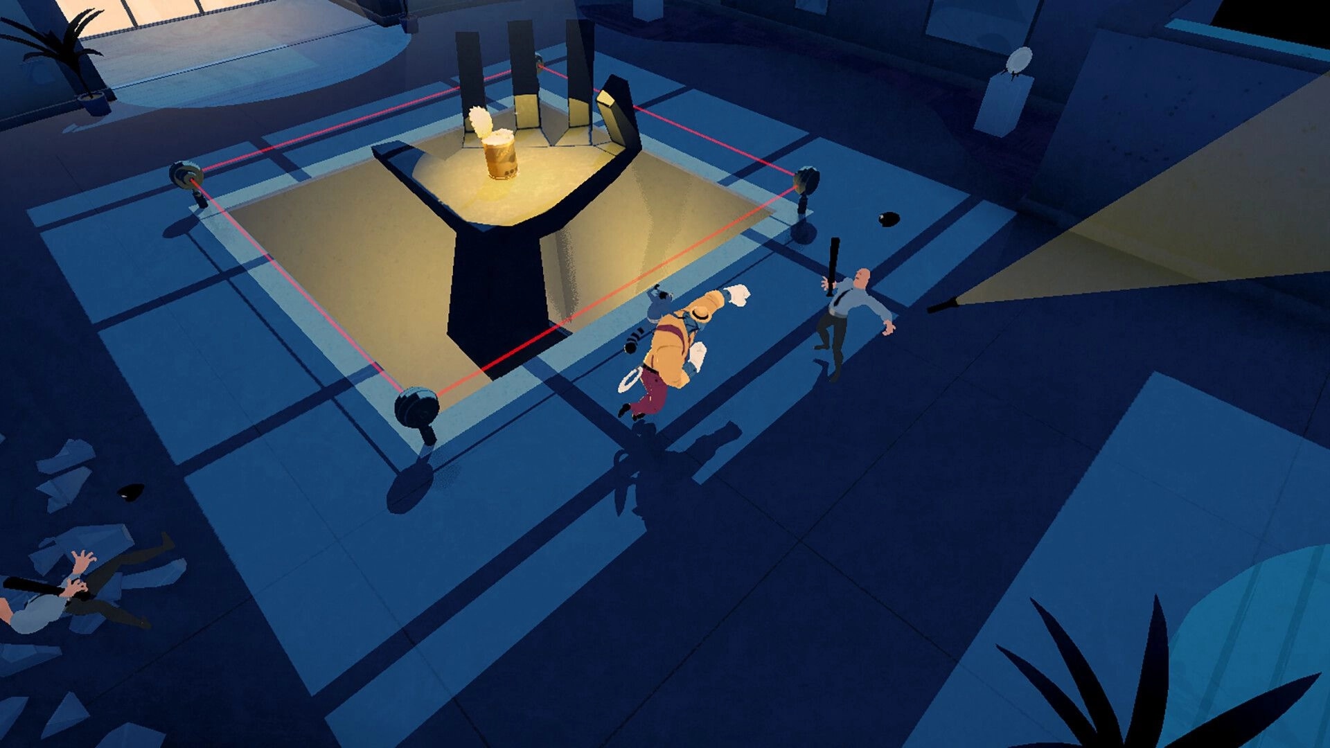 Smash 'N Grab: duo brawls a baton guard beside a lit vault pedestal in a blue tiled room.