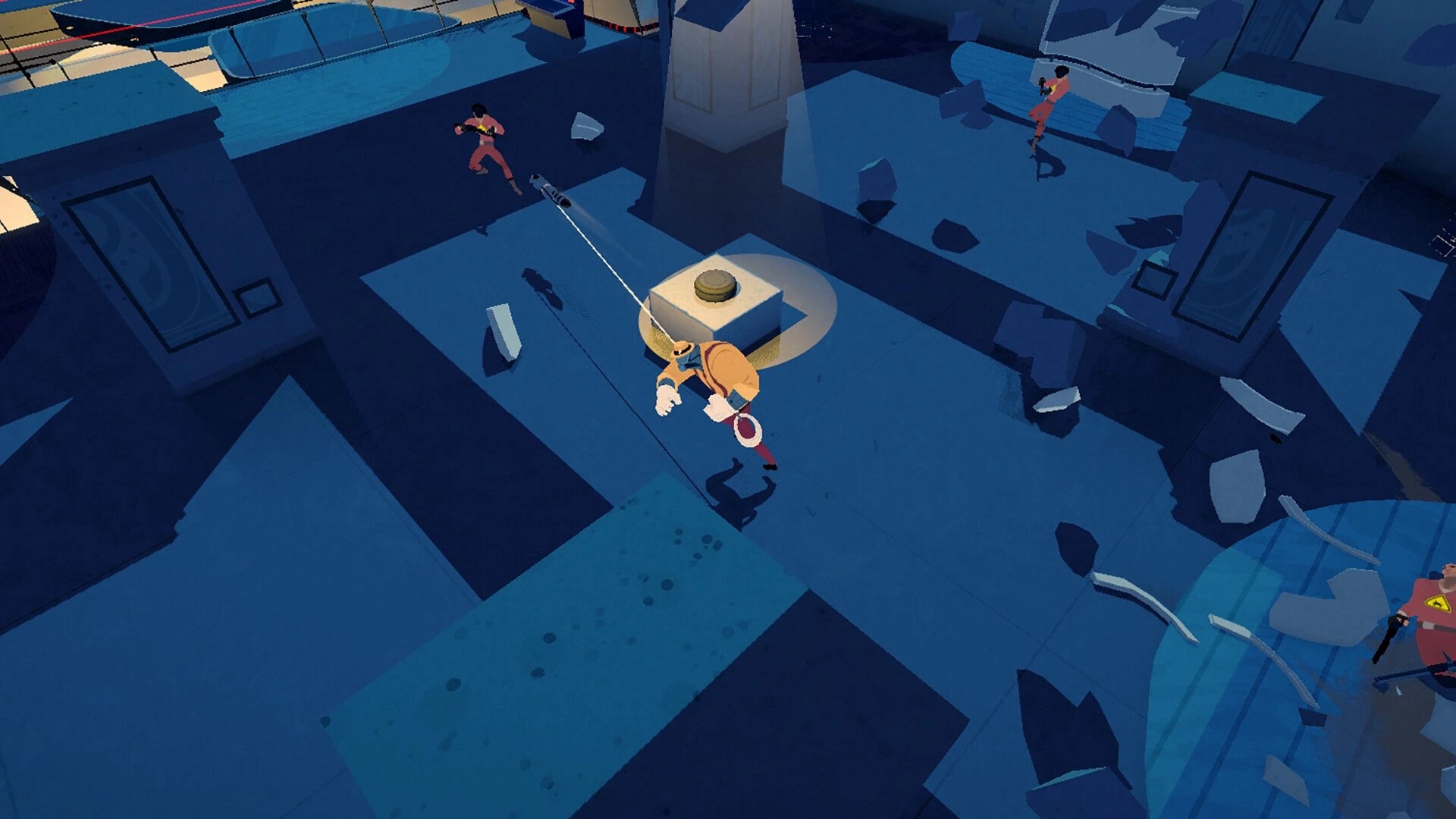 Smash 'N Grab: Rope-tethered duo dodges guards amid rubble on a blue rooftop arena with gaps.
