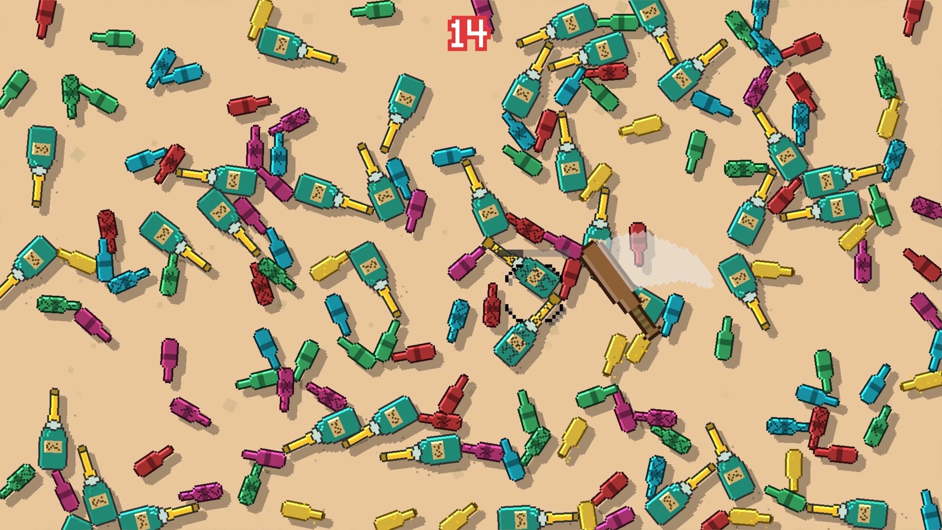 Smashing Bottles: Bat strike shatters bottles as a red 14 score floats over a sandy arena floor.