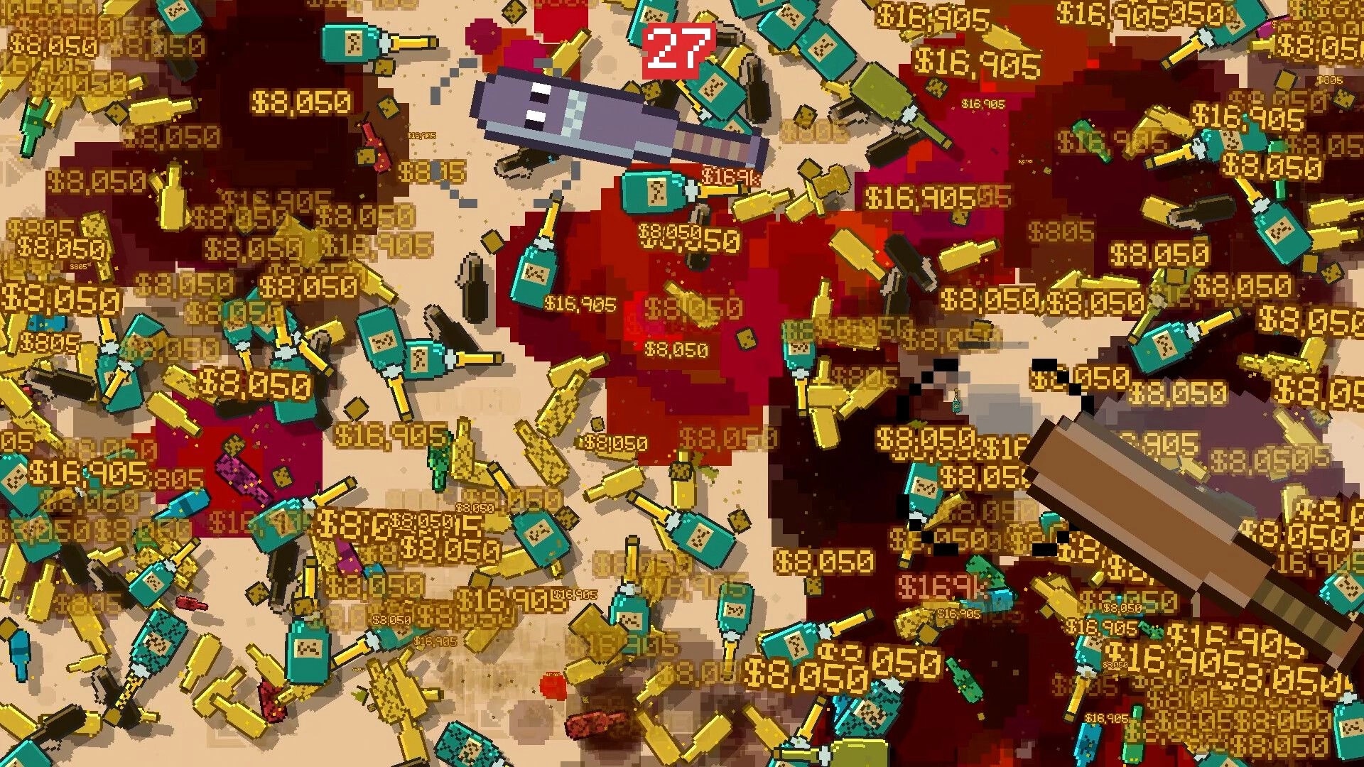 Smashing Bottles: Bat swings amid piles of shattered bottles and cash popups on a messy floor arena.