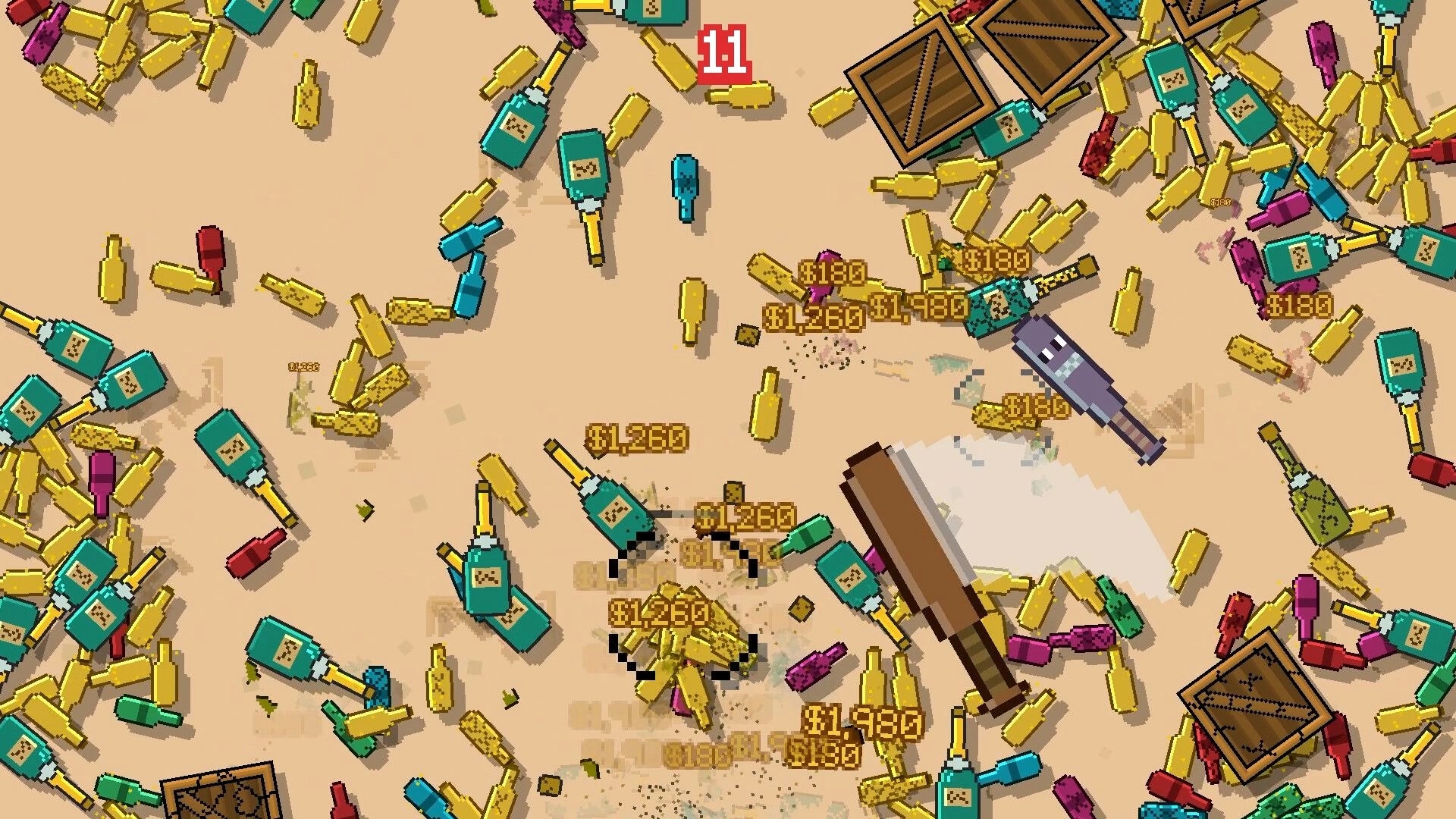 Smashing Bottles: Bat smashes piles of colorful bottles as money popups fill a sandy floor with crates.