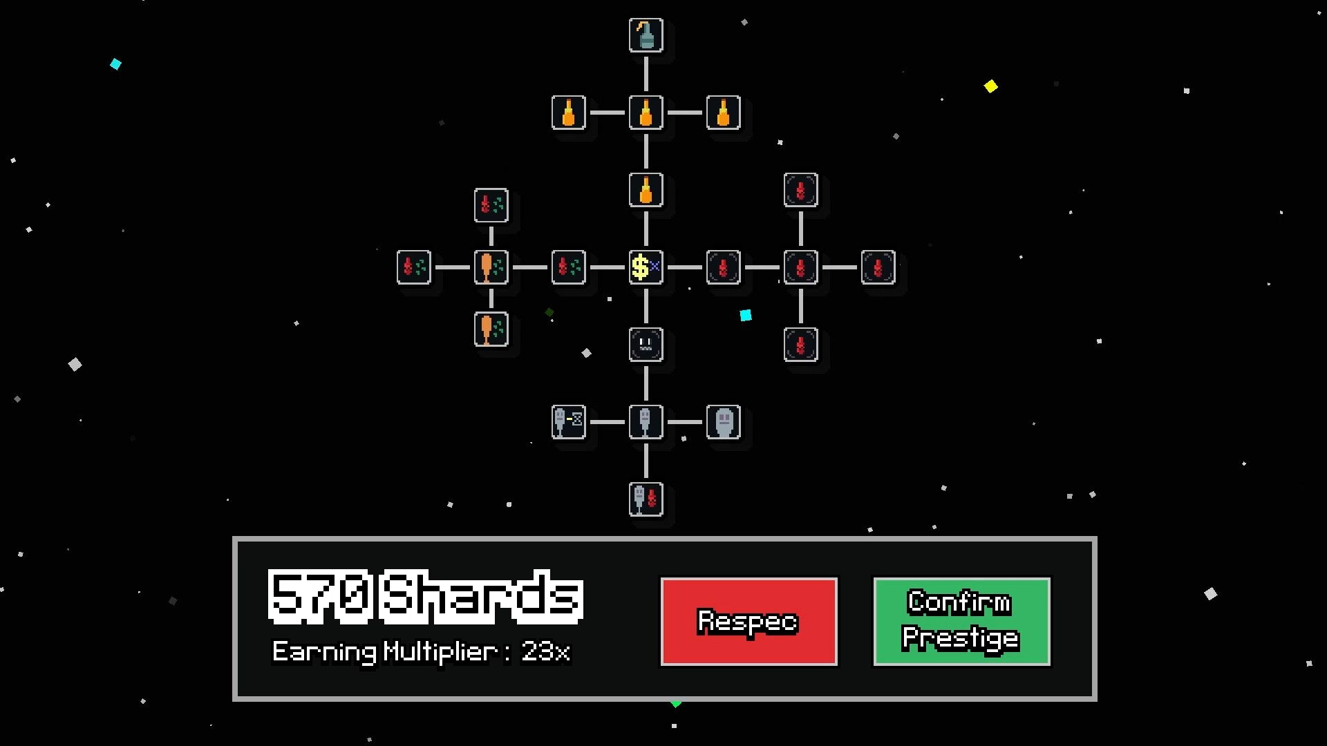 Smashing Bottles: Prestige upgrade tree with bottle icons and Respec/Confirm buttons on starry backdrop.