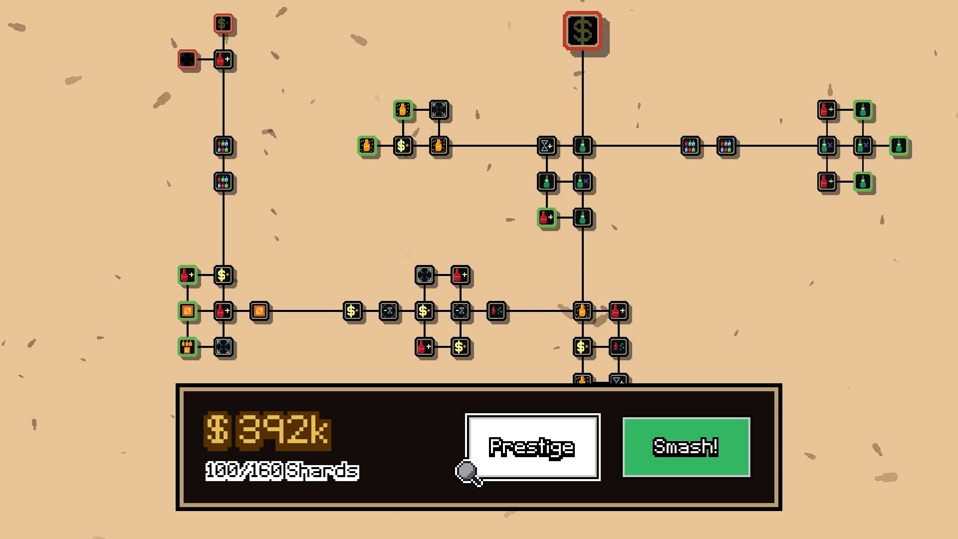 Smashing Bottles: Upgrade tree map with bottle icons and Prestige and Smash buttons on beige background.
