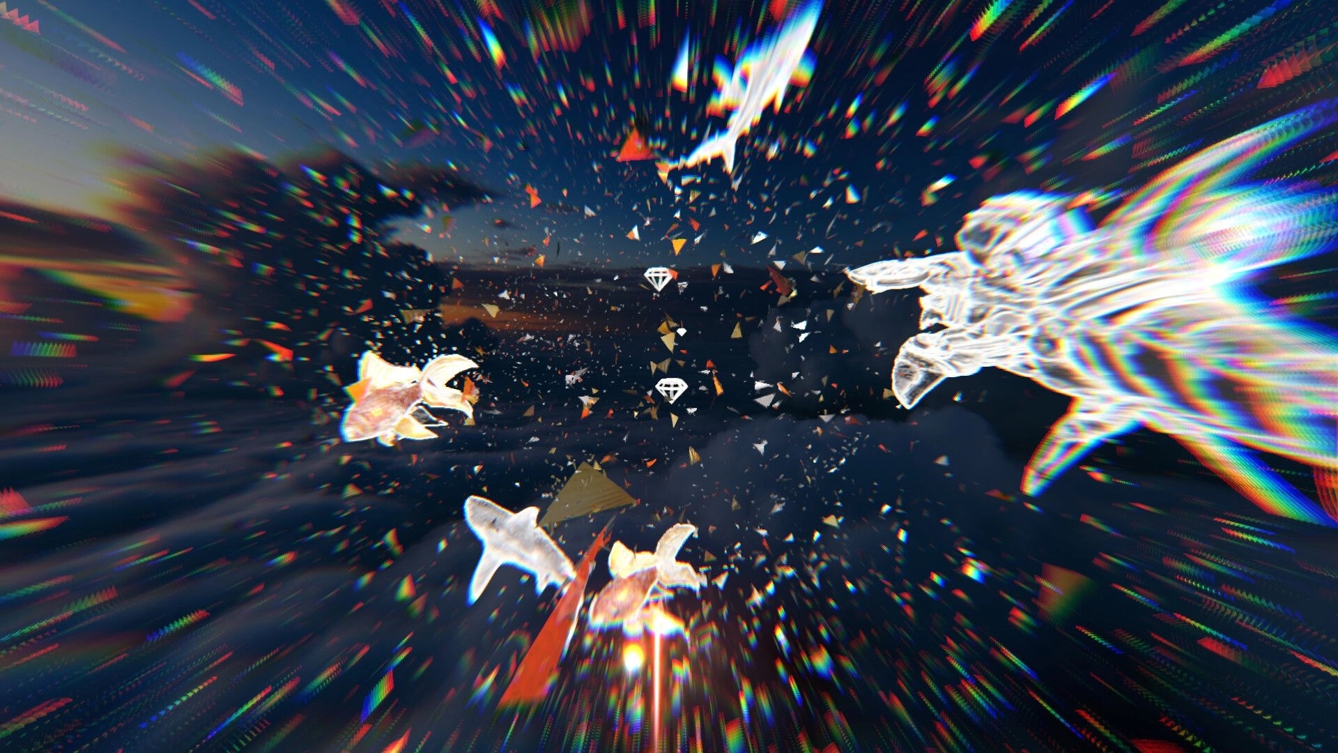 Smokkehed: Surreal on-rails shooter scene with shimmering creatures and geometric shards in space.