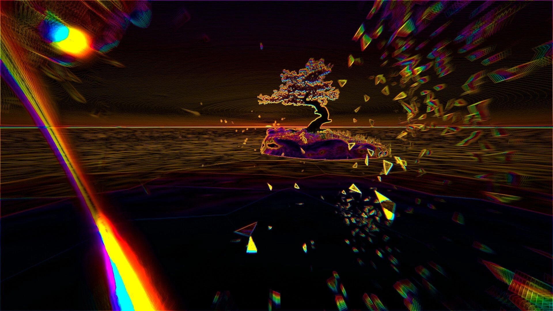 Smokkehed: Surreal landscape with floating tree island, vibrant light beams, and colorful shards in motion