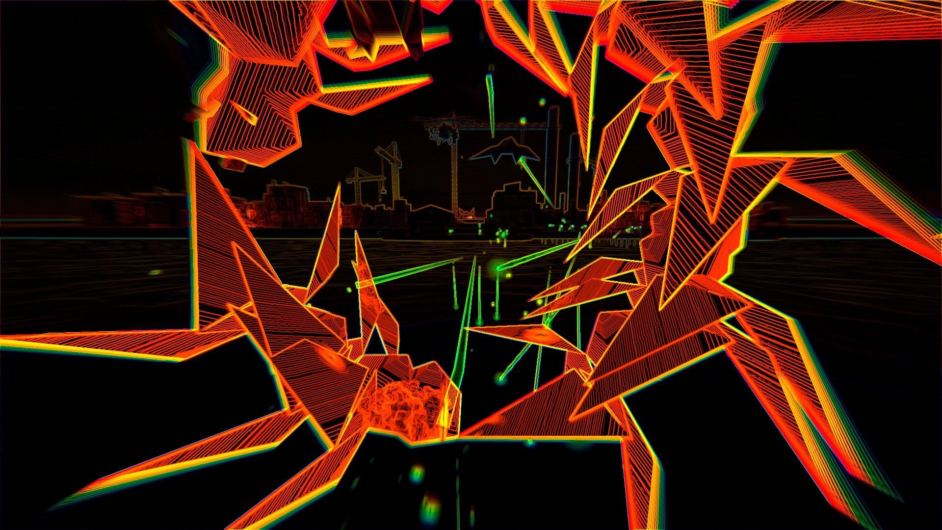 Smokkehed: Neon geometric structures with green projectiles in a dark, abstract cityscape environment