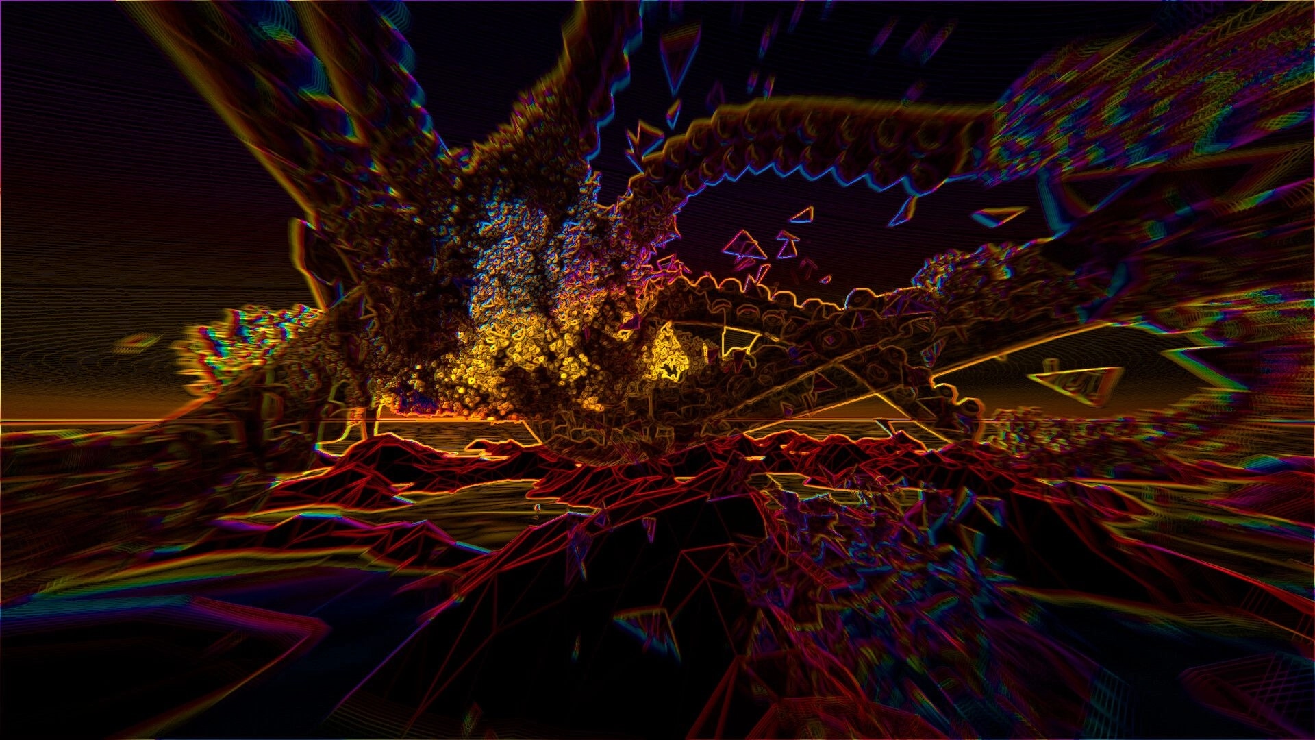 Smokkehed: Surreal landscape with vibrant colors and abstract shapes, creating a dynamic visual rhythm.