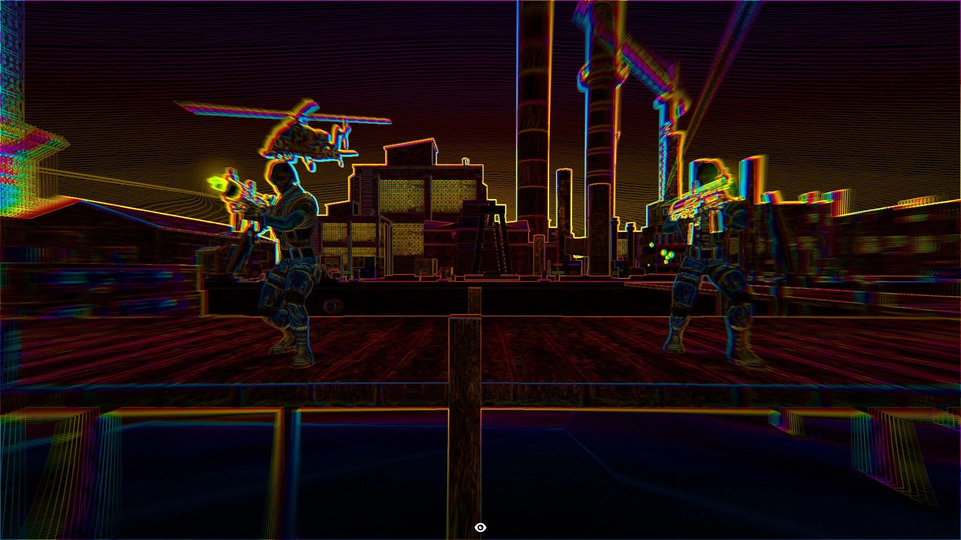 Smokkehed: Two characters aiming rifles on a neon-lit industrial platform with a helicopter overhead.