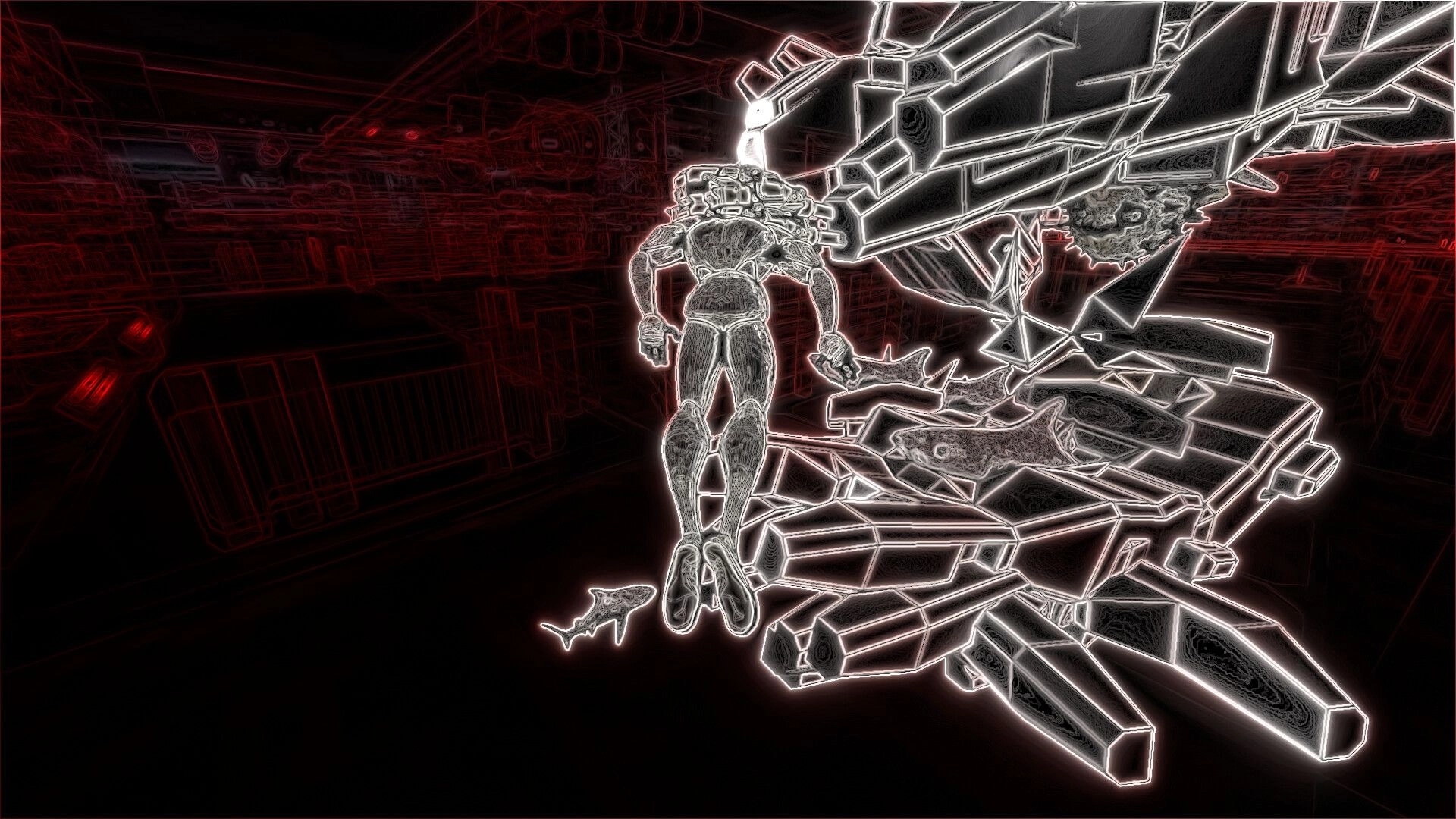 Smokkehed: Neon-outlined figure stands against abstract geometric backdrop in a surreal digital arena.