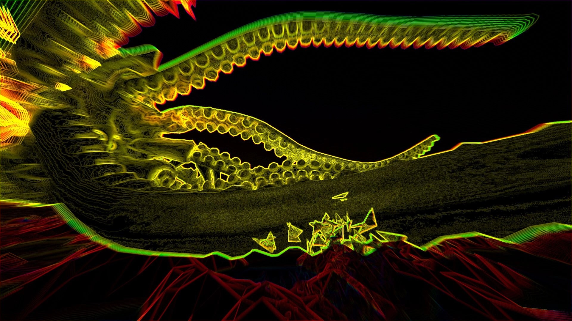 Smokkehed: Neon tentacles and abstract shapes swirl in a vibrant, surreal environment.