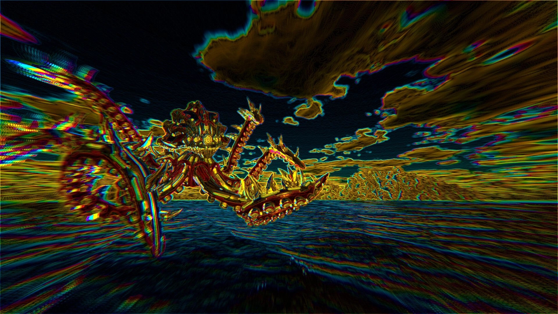 Smokkehed: Giant mechanical sea creature emerges from surreal neon ocean under swirling skies