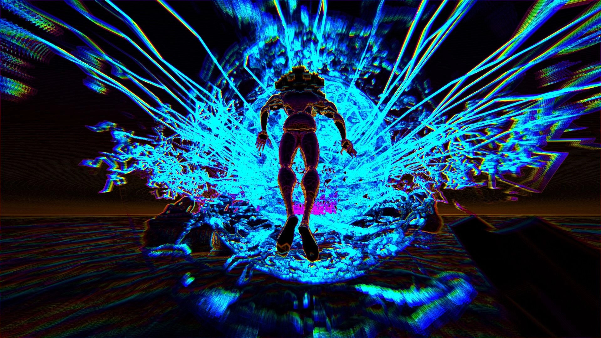 Smokkehed: Mysterious figure emerges from vibrant neon explosion in surreal, colorful environment