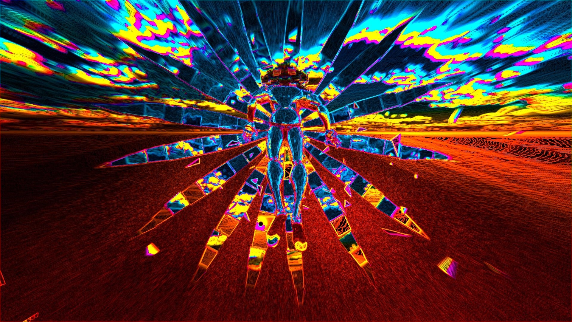 Smokkehed: Vibrant humanoid figure with radiating shards in a colorful, surreal desert landscape.