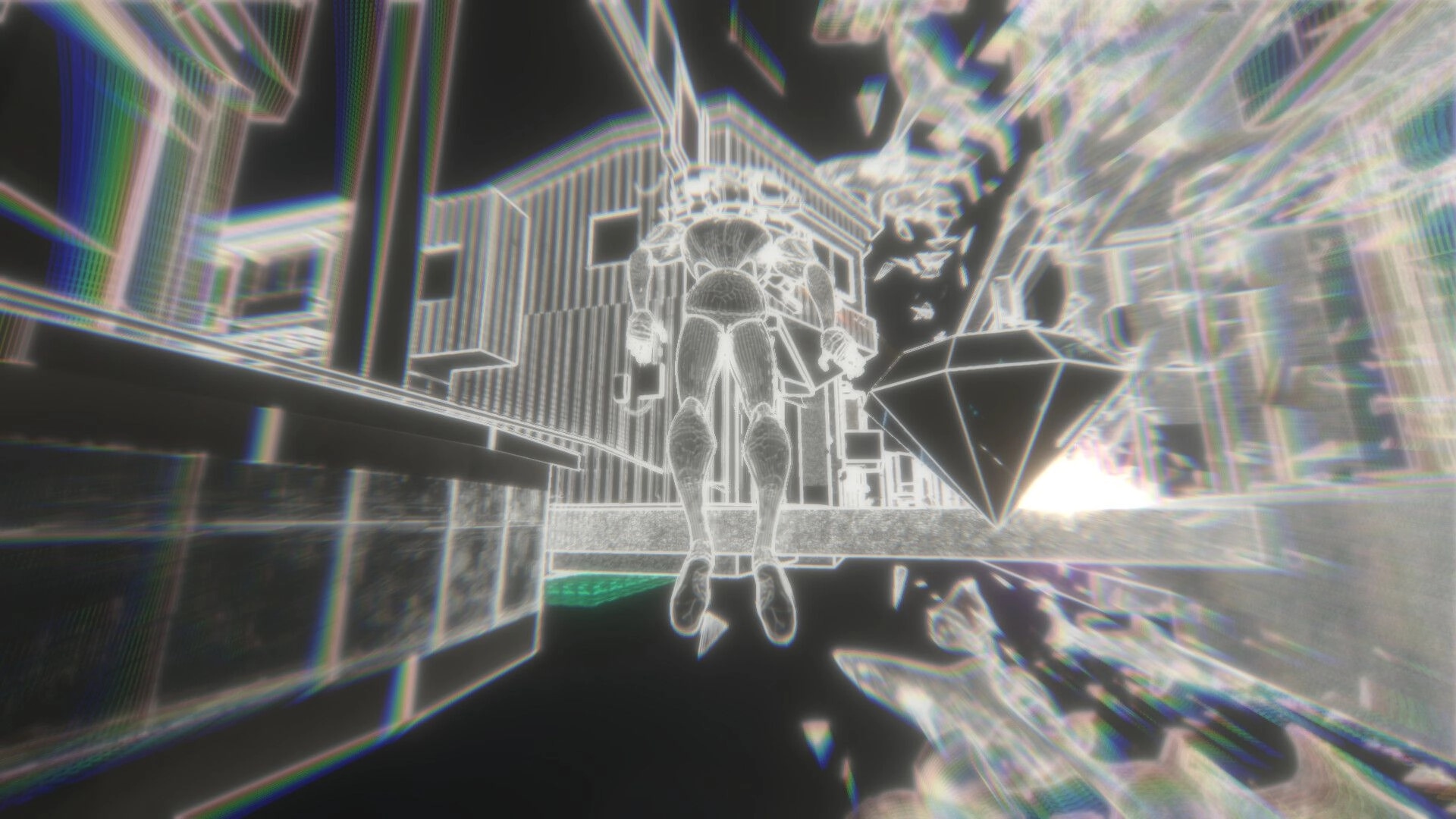 Smokkehed: Player character floating through a neon-lit cityscape with geometric structures.